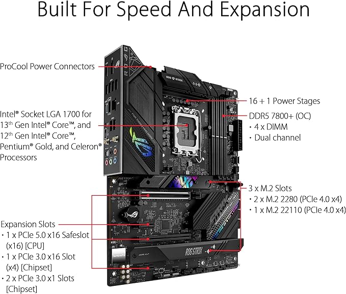 ASUS ROG Strix B760-F Gaming WiFi Intel® B760(13th and 12th Gen) LGA 1700 ATX Motherboard,16 + 1 Power Stages,DDR5 up to 7800 MT/s,PCIe 5.0,3xM.2 Slots,WiFi 6E,USB 3.2 Gen 2x2 Type-C®,Aura Sync RGB ASUS ROG Strix B760-F Gaming WiFi Intel® B760(13th and 12th Gen) LGA 1700 ATX Motherboard,16 + 1 Power Stages,DDR5 up to 7800 MT/s,PCIe 5.0,3xM.2 Slots,WiFi 6E,USB 3.2 Gen 2x2 Type-C®,Aura Sync RGB